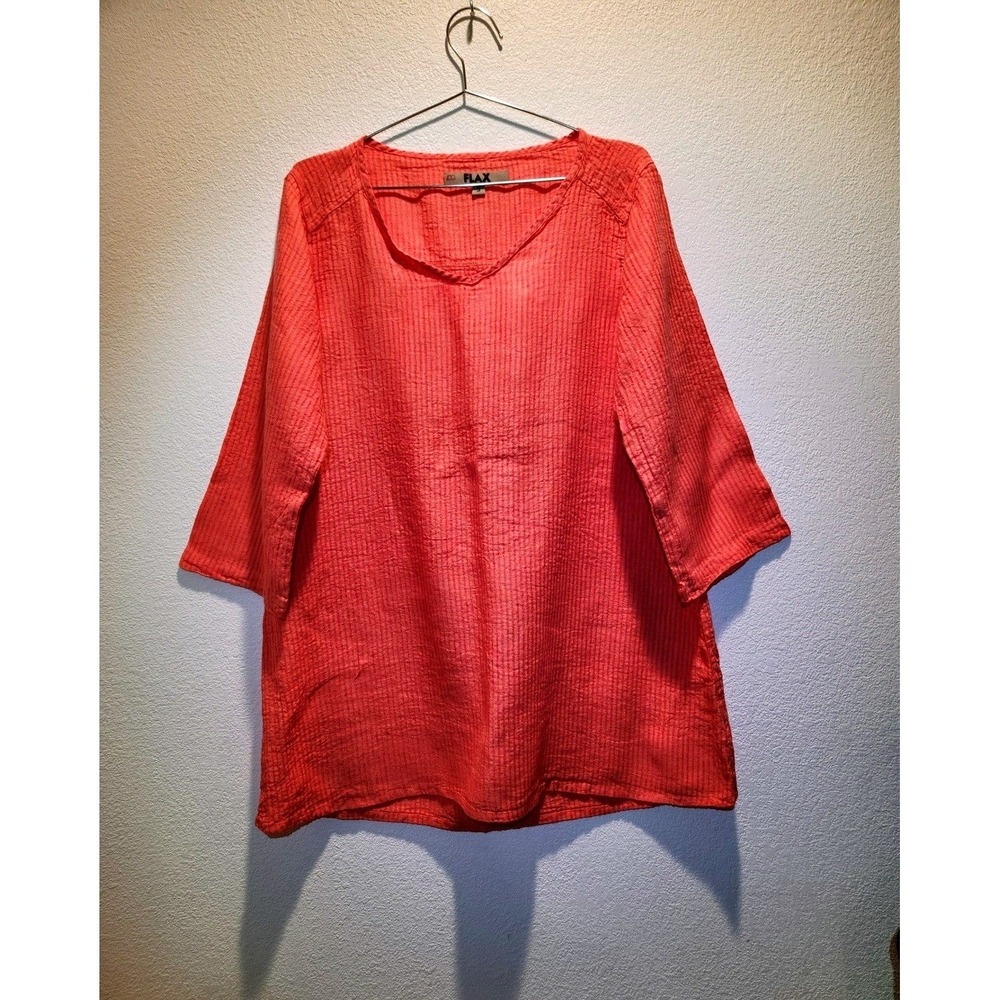 FLAX 100%‎ Linen Textured Stripe Tunic Top Coral Orange Size S Made Lithuania